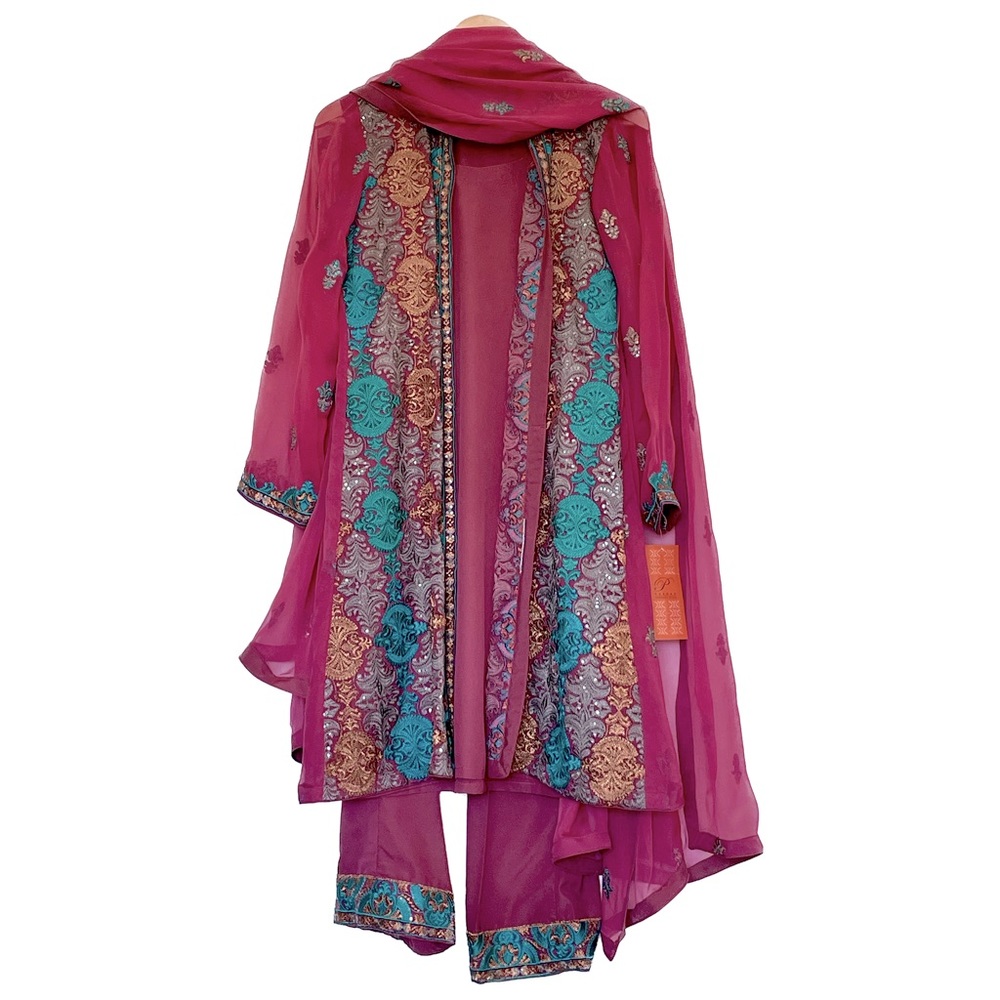 4 Piece Maroon Suit with Jacket and Slip (Unstitched Sleeves included) and Pants